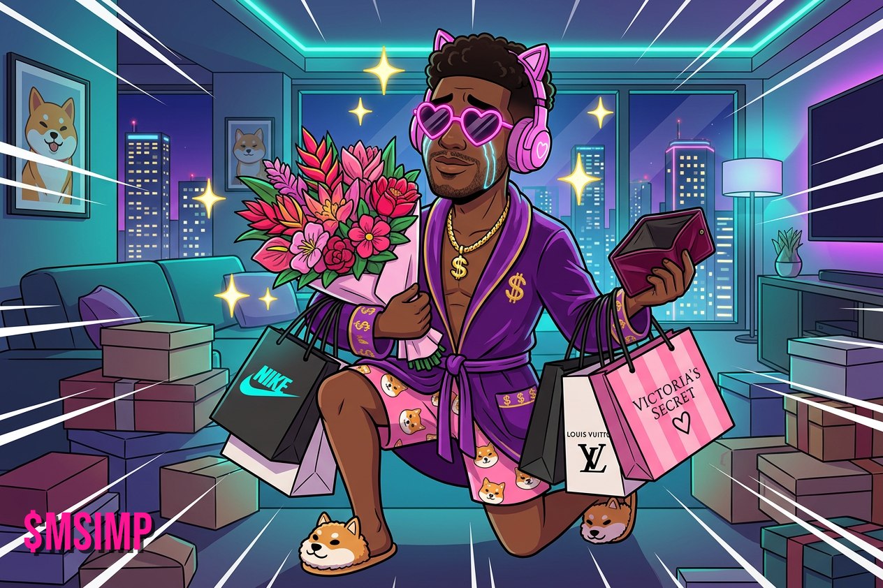 Mega Simp arriving with flowers, shopping bags, and an empty wallet