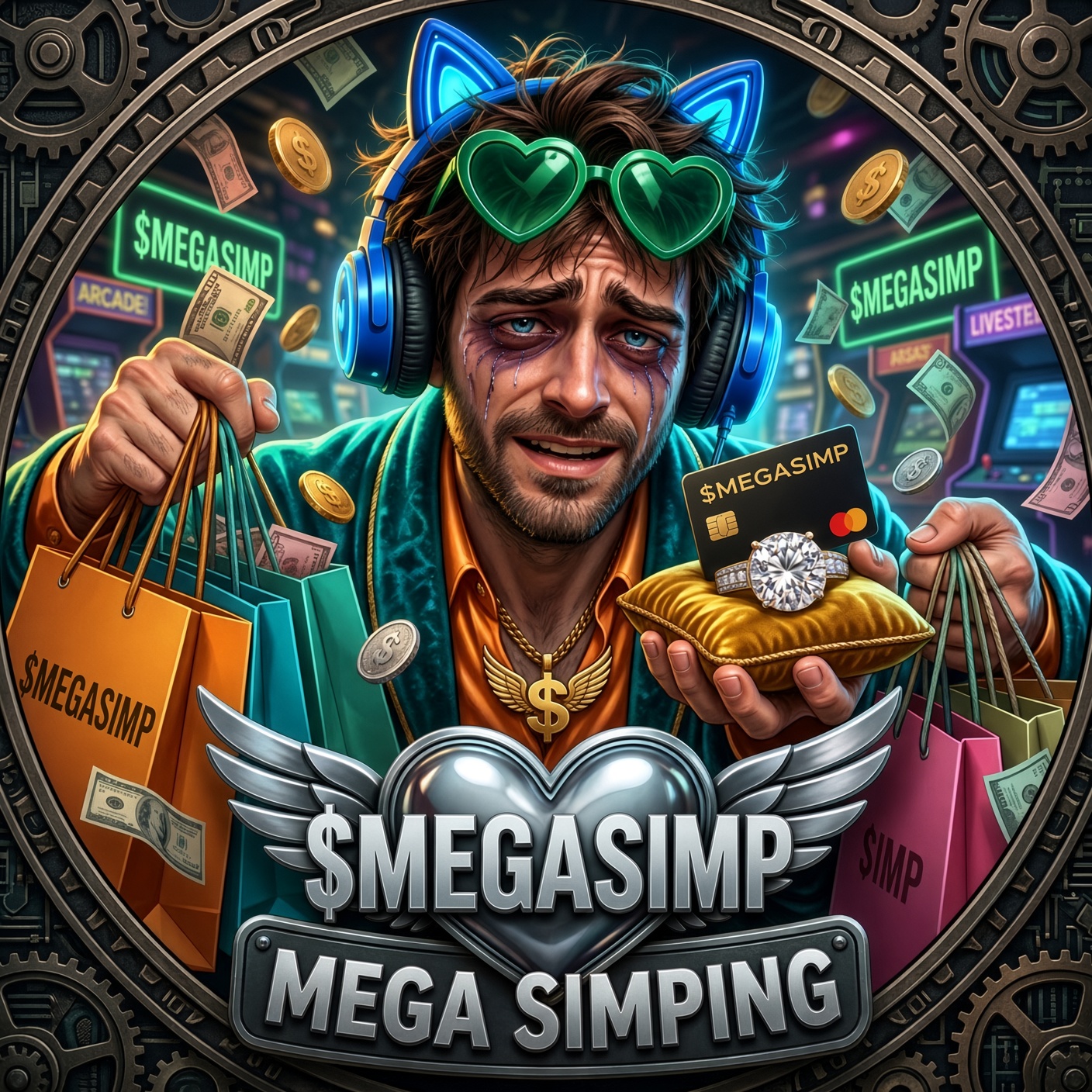Mega Simp mascot in an arcade with shopping bags, a black card, a diamond ring, and flying cash under a $MEGASIMP sign