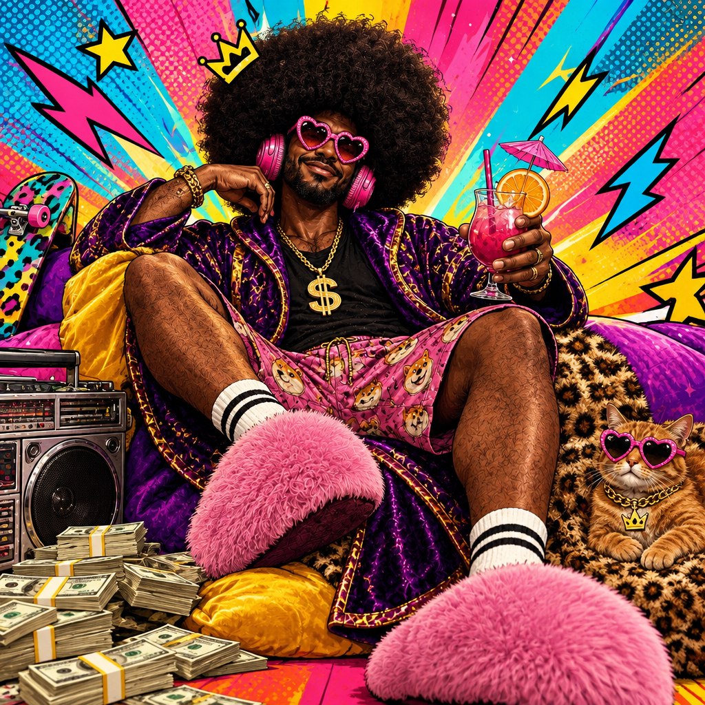 Mega Simp relaxing in a neon lounge with cash, heart glasses, and his crowned cat
